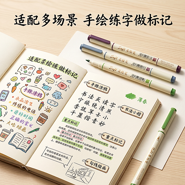 [主图-4] 点石柔绘笔多场景适用展示图
[氛围风格] 清新手账场景风，有生活代入感
[画质] 商业摄影质感，光线柔和通透，产品清晰真实，画面干净高级
[元素] 打开的手账页面上，用点石柔绘笔画出了不同颜色的手绘和文字标注，旁边放着三支不同色系的柔绘笔。保持产品外观（物理结构、材质质感、颜色）与输入产品图绝对一致，杜绝任何变形和色差，精细化处理。主体占比约65%，画面满屏无边框
[光影] 桌面自然光，温暖柔和，突出纸张质感和笔墨色彩，清晰通透
[配色] 浅原木色桌面背景，搭配多彩手绘，丰富不杂乱
[视角构图] 45度俯视桌面，手账页面为展示主体，构图自然
[文字版式] 顶部大标题「适配多场景 手绘练字做标记」，底部标注四个适用场景：「手账涂鸦」「书法小楷」「重点标记」「勾线绘画」，每个场景配小标签点缀，文字不遮挡核心产品
[比例分辨率] 1:1 比例，2k分辨率，文字清晰可辨，超高清
[负向提示词] 变形，水印，文字错乱，产品图模糊，背景杂乱