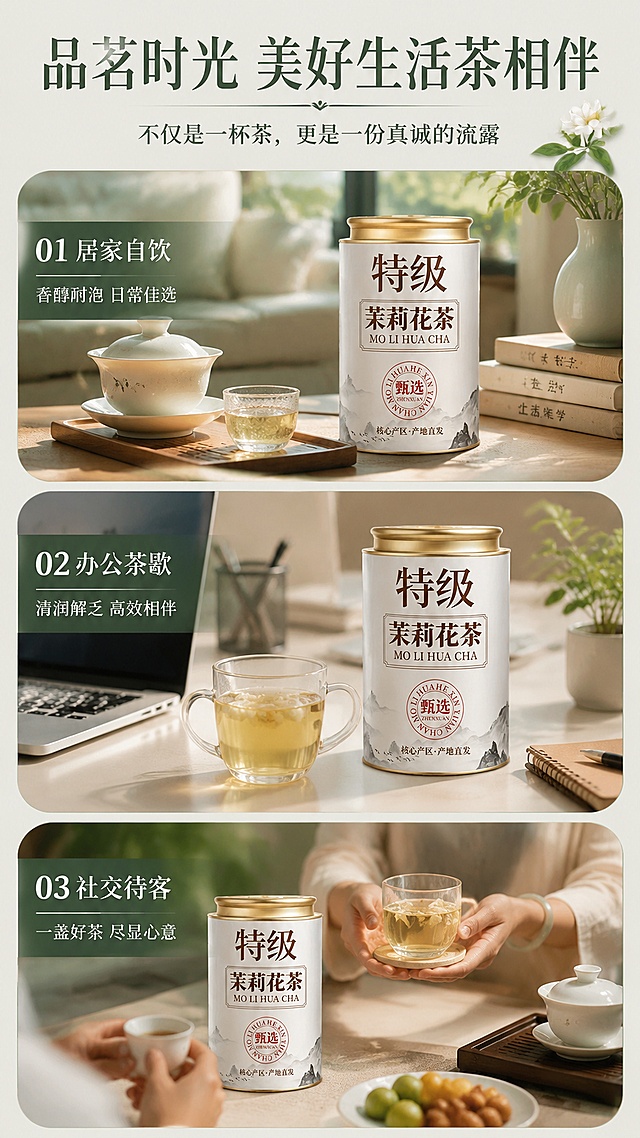 [第11张] 品茗场景页-居家办公社交多场景。本张使用【图1】作为产品辅助展示。
[氛围/风格] 低饱和度浅绿色生活方式风，多场景拼图，温馨雅致。
[元素布局] 画面纵向分为三个场景区块，每区配场景图和文字标签：第一区「居家自饮」展示茶罐置于居家茶席上，旁边有书和茶具；第二区「办公茶歇」展示办公桌一角，笔记本电脑旁放着一杯茉莉花茶；第三区「社交待客」展示双手奉茶的温馨场景；每区约占画面30%；产品罐在每个场景中自然出现。
[光影质感] 每个场景独立柔光，整体色调统一温暖，生活气息浓厚。
[配色色系] 全局底色 #E8F0E8（低饱和浅灰绿）；主色深茶绿 #5A7256；辅助色暖木色、米白色。
[视角构图] 纵向三段式拼图，圆角卡片分隔，阅读动线从上至下依次阅读三个场景。
[文字版式] 顶部大标题「品茗时光 美好生活茶相伴」宋体深茶绿色；副标题「不仅是一杯茶，更是一份真诚的流露」；每个场景左下角有编号「01/02/03」和场景名称，下方有短句描述「香醇耐泡 日常佳选」「清润解乏 高效相伴」「一盏好茶 尽显心意」。
[比例分辨率] 9:16竖版比例，4K分辨率，文字清晰可辨，高清画质。
[负向提示词] 变形，水印，文字错乱，文字过小，场景不真实，颜色偏差，人物面部不清。