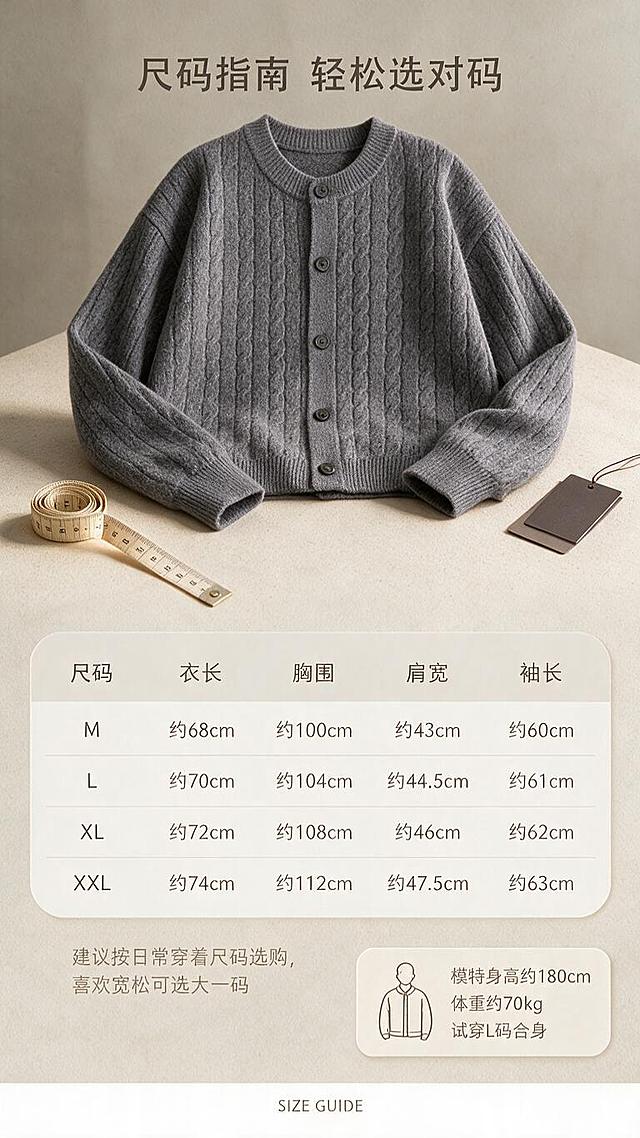 [商品] 使用【图1】男士灰色圆领绞花针织开衫；商品处理：保留圆领、单排深色纽扣、竖条绞花针织纹理、落肩长袖、罗纹袖口下摆、灰色羊毛混纺质感、版型结构和颜色；自然去除衣身杂乱褶皱，理顺垂坠，增强针织纹理、缝线和纽扣质感，不改变版型和结构。
[画面] 目标：尺码与产品信息页，提供选购参考。构图：上方开衫正面平铺展示（占画面约40%），下方尺码表格+选码建议+模特信息。背景：浅米色纸张质感桌面，搭配软尺、标签等小道具，俯拍视角，整洁专业。
[视觉] 套系策略：风格=轻熟通勤高级商业摄影；标题字=现代无衬线粗体中文；正文字=简洁无衬线体；主色=高级灰；背景延展=基于暖灰做深浅层级、同色渐变和细腻墙面/纸张质感；强调色=深棕灰，仅用于小面积图标、引线和标签；标题色=深炭灰；正文色=中暖灰；组件=圆角浅底信息卡、细线引线；光影=左前侧暖柔光，柔和阴影。
[文字] 顶部主标题「尺码指南 轻松选对码」。下方表格含尺码（M/L/XL/XXL）、衣长、胸围、肩宽、袖长字段（数值用约数范围表达）。表格下方选码建议：「建议按日常穿着尺码选购，喜欢宽松可选大一码」。右下角模特信息小卡：「模特身高约180cm 体重约70kg 试穿L码合身」。文字全部横向排版，表格清晰手机端可读。底部小号英文「SIZE GUIDE」。
[规格] 图片比例9:16竖版，分辨率1K，避免变形、错字、文字过小、冷蓝背景、衣服颜色改变、版型失真、极限词、虚构精确参数。