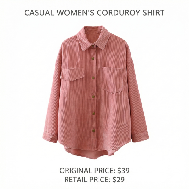 English e-commerce product main image for casual women's pink corduroy shirt, 1:1 ratio, product主体占比预览效果