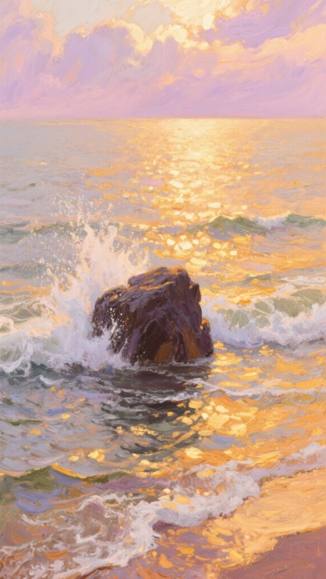 一幅印象派风格的海景画作，画面中央是一块半浸在水中的深色岩石，海水撞击岩石溅起白色的水花，阳光透过云层洒在海面上，形成金色的光斑和波光粼粼的效果，整体色调以温暖的橙黄色和金色为主，天空呈现出柔和的粉紫色渐变，营造出浪漫而富有诗意的氛围，笔触厚重而富有肌理感，色彩的运用大胆而奔放，光影交错间展现出印象派特有的光影变幻和色彩韵律。预览效果