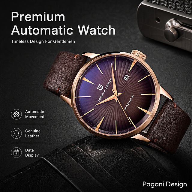 [第1屏] 详情页头图-Pagani Design Men's Automatic Mechanical Watch advertising poster. 本屏使用【图1】作为商品主体。
[氛围/风格] 高端简约商业摄影风格，真实客观质感，突出手表高级设计感，少装饰突出产品。
[元素布局] 帕加尼男士手表放在画面中心位置，占据画面约65%区域，保持玫瑰金色表壳、渐变紫色放射纹表盘、棕色真皮表带的物理结构、材质质感、颜色与输入产品图一致，保留表盘所有文字标识和日期窗口设计。背景为深灰色渐变质感桌面，左侧预留文字区域，右上角点缀精致金属装饰片，底部放黑色皮质表带作为层次，整体干净简约。
[光影质感] 左侧柔和主光照亮表盘渐变纹理和玫瑰金表框，右侧形成自然投影，高光突出玻璃表镜通透质感，明暗层次清晰，产品边缘真实清晰。
[配色色系] 全局底色：#222222（深灰）；主体配色：#b88646（玫瑰金）+ 渐变紫棕色表盘 + #4b2e1e（棕皮带）；辅助色：#f0f0f0（浅灰文字）。
[视角构图] 正面45度斜视角，景深适中，手表位于视觉中心，左侧文字区域布局干净，阅读动线流畅从上到下。
[文字版式] 左对齐文字版式，左上角主标题 "Premium Automatic Watch"，主标题下方副标题 "Timeless Design For Gentlemen"，左下区域三个卖点标签："Automatic Movement"，"Genuine Leather"，"Date Display"，右下角角落标注品牌英文 "Pagani Design"，所有文字为浅白色无衬线字体，不遮挡手表主体，文字清晰可读，严格全英文无中文字符。
[比例分辨率] 1:1 方形比例，4K 分辨率，文字清晰可辨，超高清。
[负向提示词] 手表变形，表盘文字错乱，缺件错件，颜色偏差，水印，中文字符，背景杂乱，诱导按钮，夸大宣传文字。