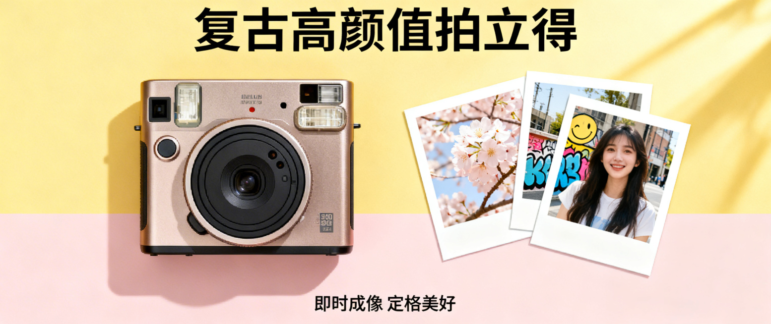 拍立得相机轮播图，展示复古高颜值拍立得相机，搭配拍摄出的即时照片，清新复古风格，色彩明快活泼，适合年轻消费群体，突出拍立得即时成像的特色，宽950像素高400像素预览效果