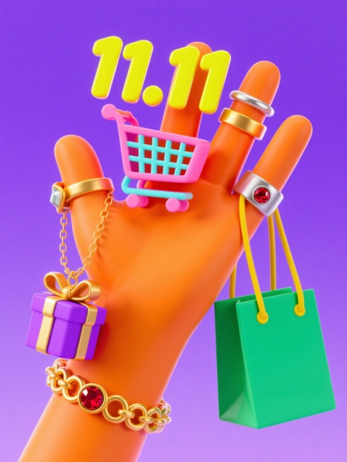 手上挂满饰品的特写，饰品造型分别是：“11.11”、购物车、礼盒、购物袋、戒指、金手链，紫色背景预览效果