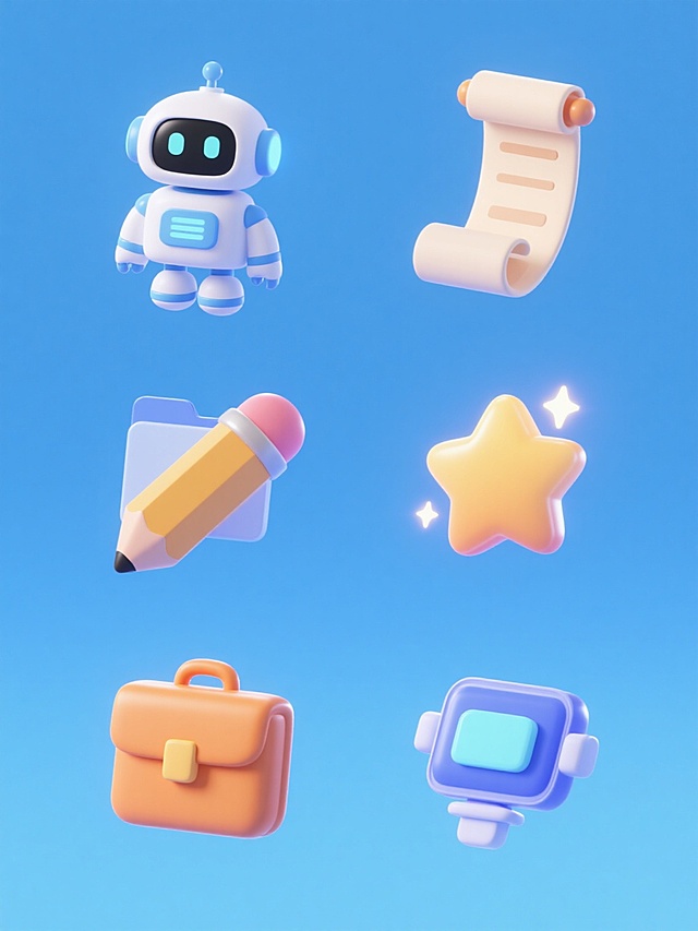 3D立体风格科技图标集合，纯色背景，保持原图的渐变蓝色调与明亮光影效果，圆润光滑的材质质感，6个完全不同的科技元素图标规整排布，每个图标均采用可爱卡通化设计语言，包含机器人助手、智能卷轴、发光铅笔、文件包、星星特效等同类目科技相关元素，整体构图对称平衡，视觉层级清晰，符合科技主题的友好活泼氛围