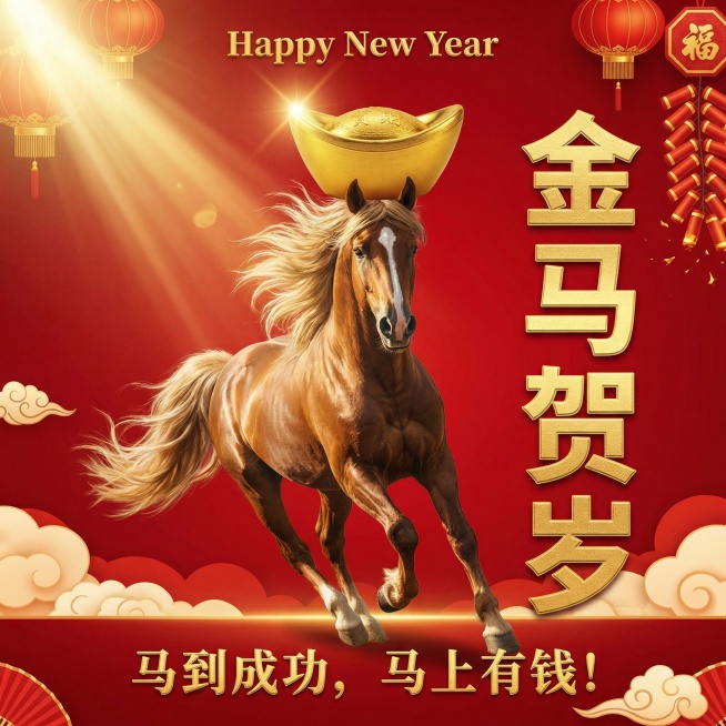 2026年，春节送祝福，一匹奔跑的骏马有远向你驶来，马头上顶着元宝，马综是肆意飘起来，左上角，一屡阳关照在金元包上，右则呈现“金马贺岁”烫金大字，马脚下有一行，字“马到成功，马上有钱！整个马的上面有一预览效果