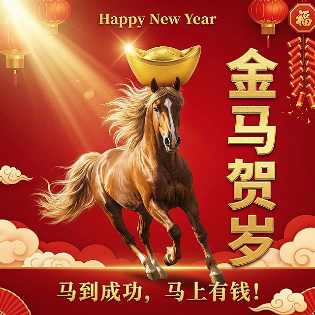 2026年，春节送祝福，一匹奔跑的骏马有远向你驶来，马头上顶着元宝，马综是肆意飘起来，左上角，一屡阳关照在金元包上，右则呈现“金马贺岁”烫金大字，马脚下有一行，字“马到成功，马上有钱！整个马的上面有一行字，Happy  New Year，整个背景以节日红色为主。