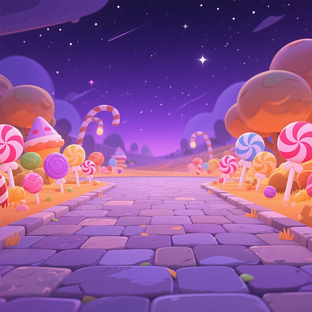 梦幻插画风，卡通糖果世界，超现实主义夜景，虚拟现实般奇幻体验。