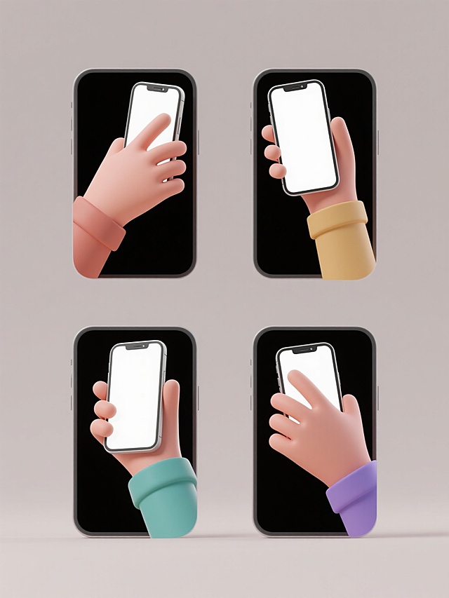 3D风格，简约现代设计，纯色背景，四个规整排布的素材，每个素材中均有一只卡通风格的手以不同手势握持智能手机，手部造型圆润，手指关节处有轻微的弧度处理，手腕部分套着不同颜色的袖口，手机外壳为纯色，屏幕为白色，整体光影柔和，物体边缘平滑无棱角，无任何文字、logo及水印。