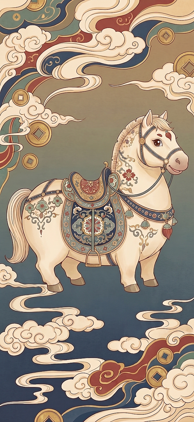 将这张马图改成萌趣Q版风格，保留原有的传统纹样和祥云铜钱背景，马儿身材圆润可爱，保持国潮插画风格