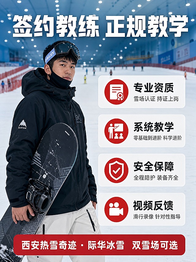[主图-2] 服务亮点与专业证明。西安单板滑雪教练正规教学，突出专业资质和课程内容，小红书风格信息图。
[统一基调] 真实商业摄影质感，冷调冰雪蓝白配色为主，红色作为强调色点缀；字体用粗黑无衬线大字，标题白色粗体，辅助文字深灰或白色，强调信息用红色底白字；整体风格硬朗有冲击力，无AI感，真实雪场摄影氛围。
[画面] 画面左侧为单板滑雪男性教练（与首图同一人，25-30岁，短发黑色，黑色滑雪服白色雪裤）站在雪道上，手持单板，身体微侧面向镜头，表情专业自信，戴半脸护脸，雪镜推到头顶露出眼睛；右侧为信息展示区，背景是虚化的际华冰雪雪场内部场景，可见雪道、防护网和远处滑雪的人群；人物占画面约40%，位于左侧三分线位置，平视视角。
[光影质感] 室内雪场自然光感，均匀柔和冷光，人物面部光线充足，雪面有自然漫反射，真实摄影质感，细节丰富。
[配色] 主色冰雪蓝白，强调色正红，人物服装黑白配色，信息卡片白色半透明底配深色文字。
[文字版式] 顶部大标题"签约教练 正规教学"白色粗体大字；右侧分四个信息模块，每个模块配图标和文字：1."专业资质"配证书图标，小字"雪场认证 持证上岗"；2."系统教学"配教学图标，小字"零基础到进阶 科学进阶"；3."安全保障"配盾牌图标，小字"全程陪护 装备齐全"；4."视频反馈"配摄像机图标，小字"滑行录像 针对性指导"；底部红色横幅白色字"西安热雪奇迹 · 际华冰雪 双雪场可选"；文字排版清晰，信息层级分明。
[输出要求] 比例1080×1440竖版，文字清晰锐利，人物真实自然，信息排版整洁，整体无AI感；负向：变形 错字 模糊 杂乱 水印 平台Logo 手指畸形 面部扭曲 过度美颜