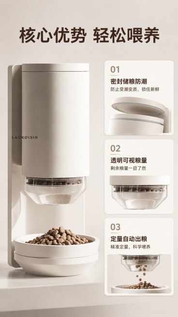 [主图-2] 悬挂式自动宠物喂食器核心卖点展示。
[氛围风格] 简约干净，功能展示清晰，商业摄影质感。
[画质] 光线均匀，产品细节清晰，画面通透高级。
[元素] 产品主体占画面60%，左侧产品斜侧展预览效果