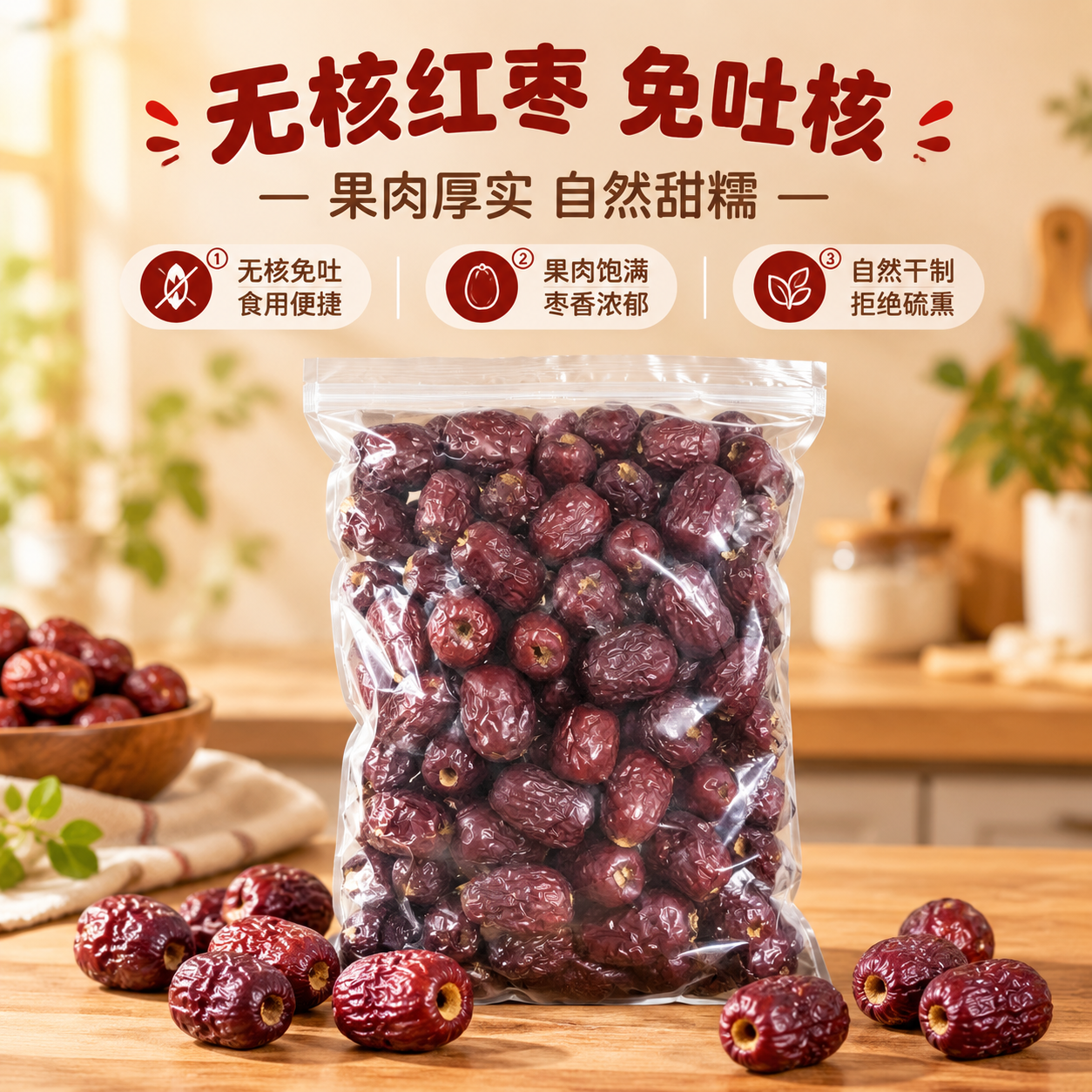 [商品] 使用【图1】无核干制红枣，透明自封袋包装；保留深紫红… - 图片创意预览