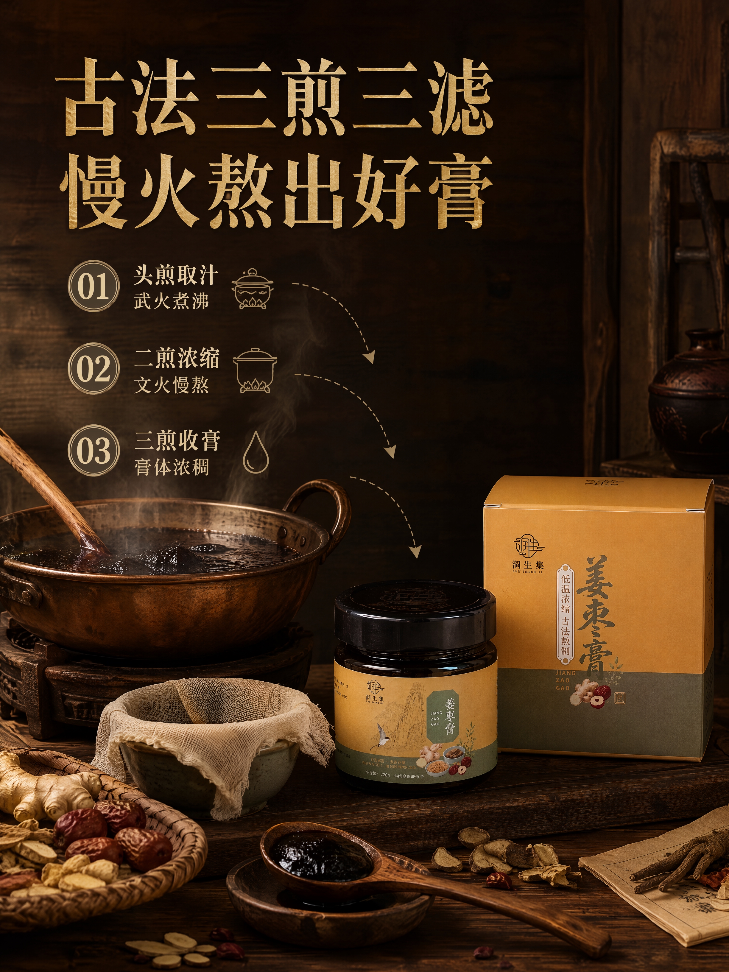 [第5张] 古法工艺详解-三煎三滤熬制过程页。本张使用【图5】… - 图片创意预览