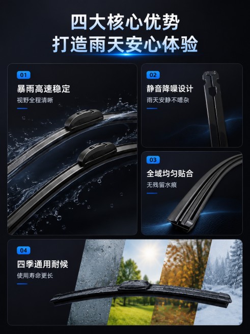 「图片1」「图片1」「图片1」使用体验・车主安心优势
静音降噪设计
钢片均匀弹力 + 端头缓冲护盖，消除雨刮摩擦吱呀声、高速抖动噪音，雨天车内安静不嘈杂。
全域均匀贴合
完整贴合挡风玻璃曲面，上下边角预览效果