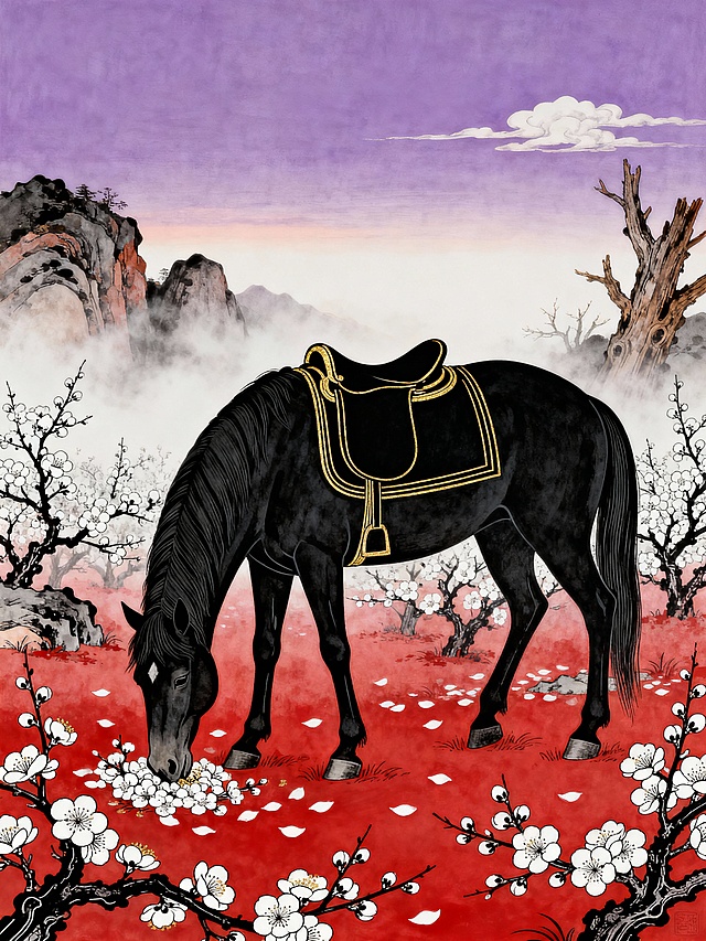 复古风格，特写一匹黑色骏马（佩戴黑金配色的马鞍，带简约线条），低头轻嗅花朵的定格瞬间。场景为红色与白色交织的梅花园，梅花盛放，花瓣飘落。背景是淡雾笼罩的山石与枯木。天空为淡紫色的清晨，有柔和的光与几丝云。整体氛围清雅、空灵、禅意十足。