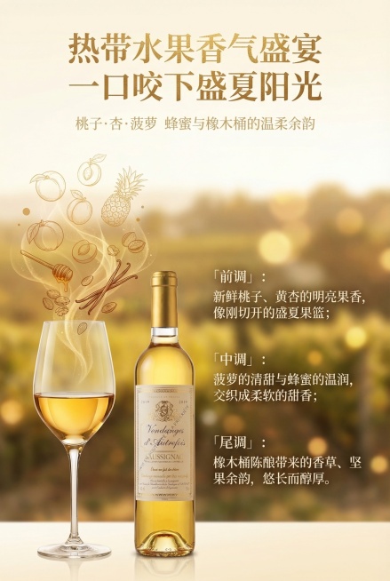 竖屏电商详情页，2:3比例，暖金色调，复古法式氛围，杂志风高级排版。左侧：盛有通透金黄色酒液的高脚杯，杯口飘散半透明流动香气粒子，具象化为桃子、黄杏、菠萝的淡金色轮廓，以及蜂蜜、香草、坚果的暖棕色线条预览效果