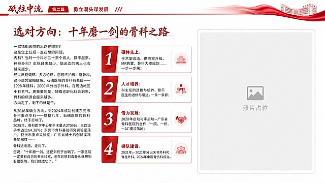 纪念画册正文页设计，16:9横版，白色背景。顶部延续第二篇砥柱中流红色页眉。副标题"选对方向：十年磨一剑的骨科之路"用深红色艺术字体。正文必须完整呈现以下原文一字不改：

一家镇街医院的出路在哪里？
这是您上任后一直在想的问题。
内科？当时一个科才二十来个病人，撑不起来。神经外科？车祸越来越少，脑出血的病人也会越来越少。
经过反复调研、多方论证，您最终拍板：选骨科。
这不是凭空拍脑袋。石碣医院的骨科有基础——1998年建科，2000年分出手外科，在周边地区小有名气。更重要的是，随着老龄化社会到来，骨科的病源会越来越多。
方向定了，剩下的就是干。
1. 硬件先上：手术室改造、供应室升级、MR购置、骨科大楼规划……一步一步来；
2. 人才培养：科主任的选拔与培养、骨干医生的进修与引进，一条一条抓；
3. 借力发展：2020年启动与广东省骨科医院的合作，"一院、一所、一站"模式落地；
4. 梯队建设：2021年分出关节外科和脊柱外科，2024年中医骨伤科成立。
从2016年确立方向，到2024年成功创建东莞市骨科重点专科——整整八年，石碣医院的骨科品牌，终于打响了。
2025年，骨科医学中心年手术量达2709台，三四级手术占比64.38%；东莞市骨科基础研究实验室落户，获批市重点实验室；广东省博士后创新实践基地揭牌……
骨科这条路，走对了。
您说："十年磨一剑，这把剑终于出鞘了。一家医院一定要有自己的拳头科室，老百姓想到看骨头就想到石碣医院，我们就成功了。"

4项举措用红色卡片排列。右侧预留照片占位。版式精美。