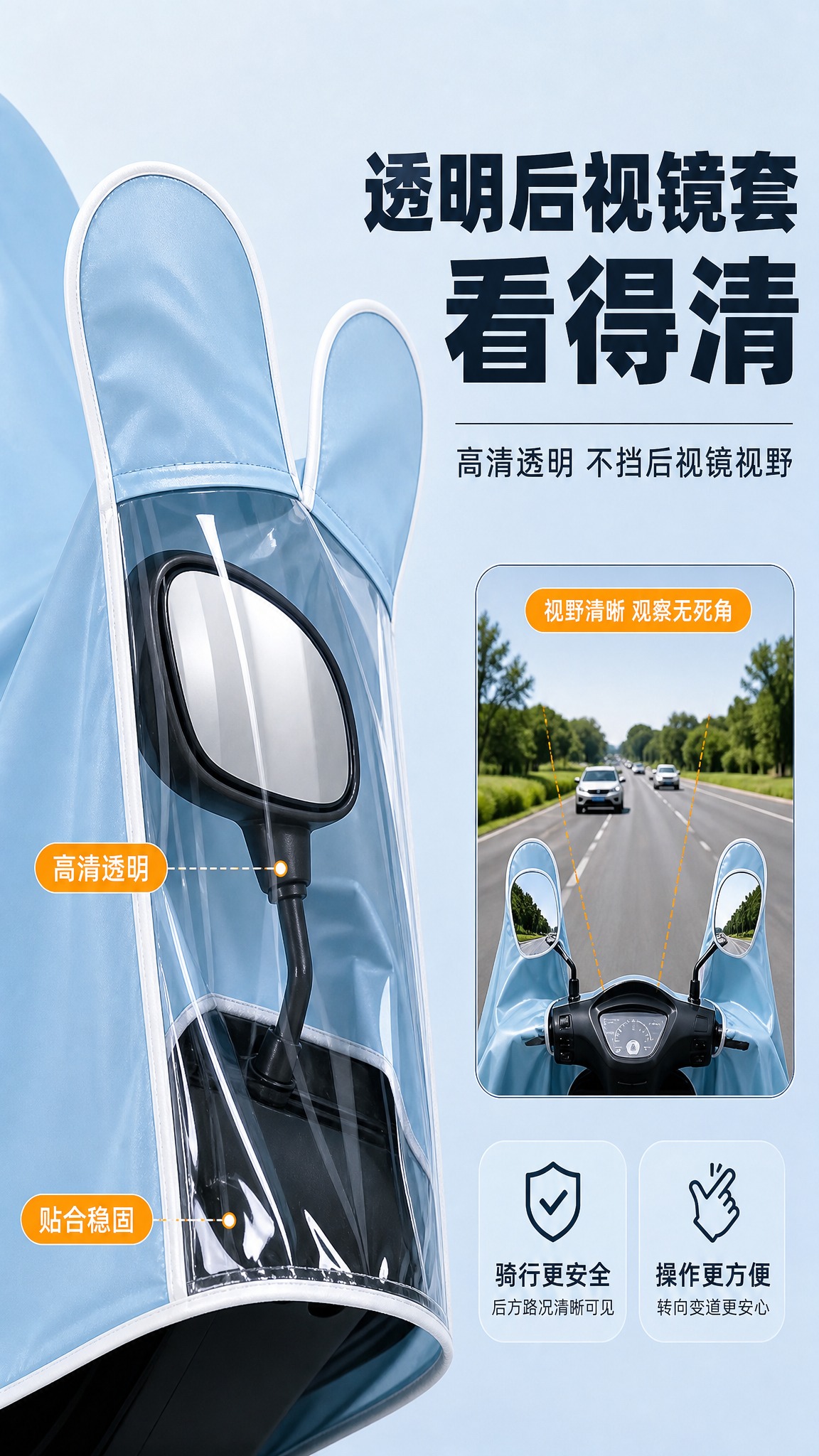 [商品] 使用【图1】浅蓝色电动车带袖雨衣后视镜套部位；保留透… - 图片创意预览