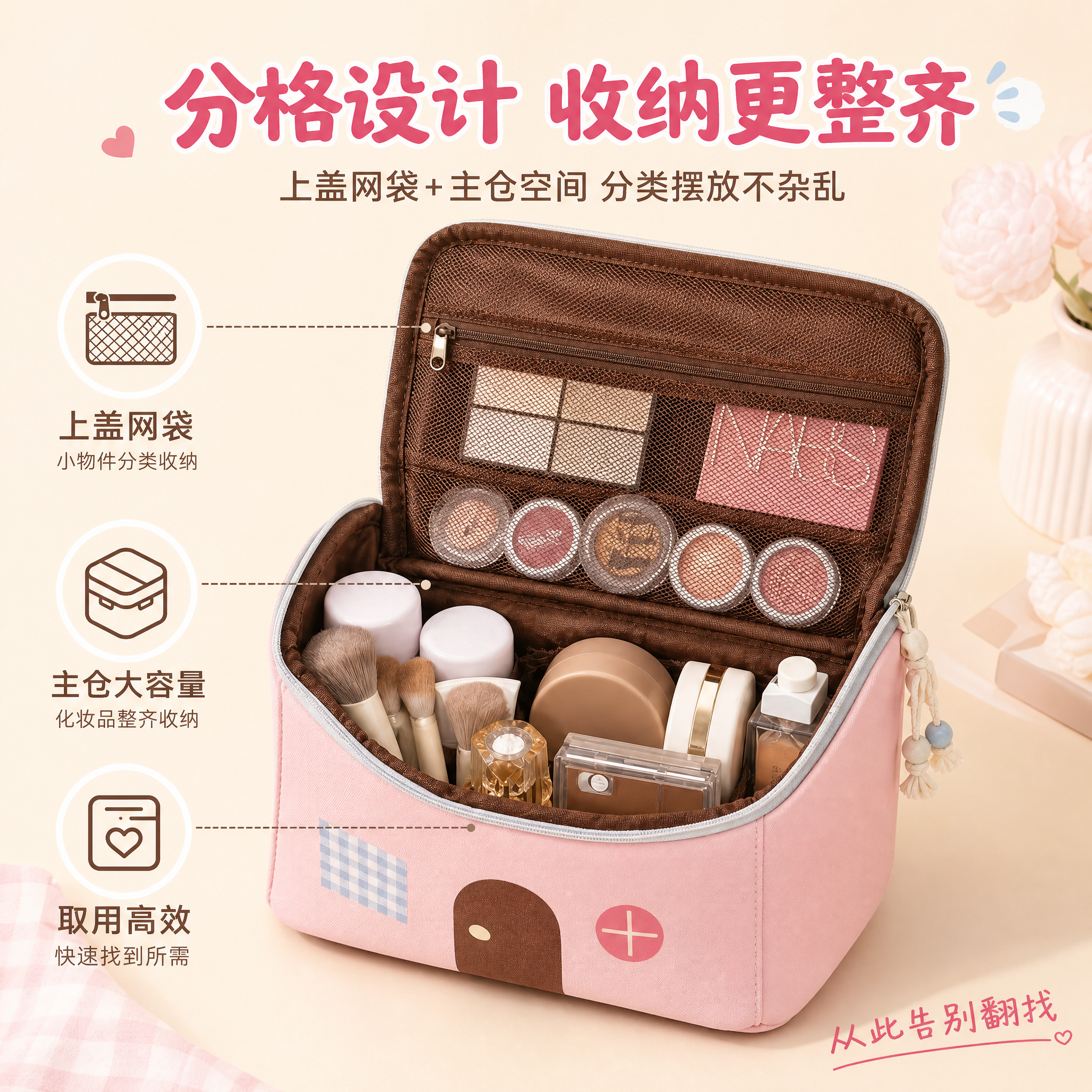 [主图-2] 核心卖点图，主题为分格设计更整齐，展示化妆包内部… - 图片创意预览