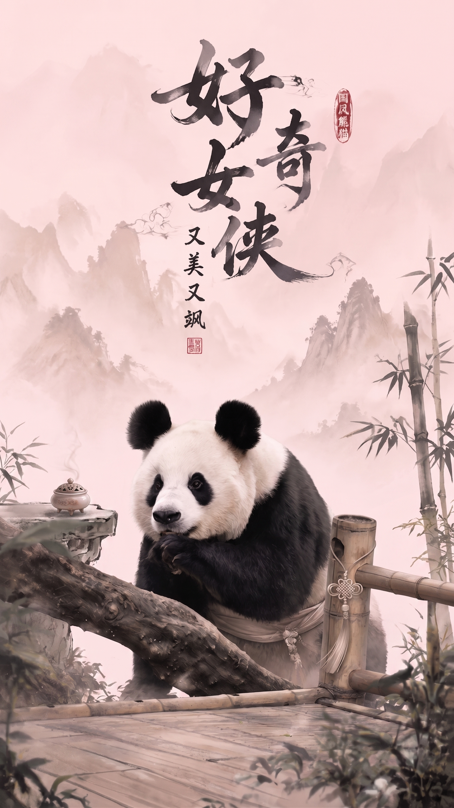 色彩用粉红色的色调 ，减掉部分竹子，熊猫身上不要披风，适当的加… - 图片创意预览