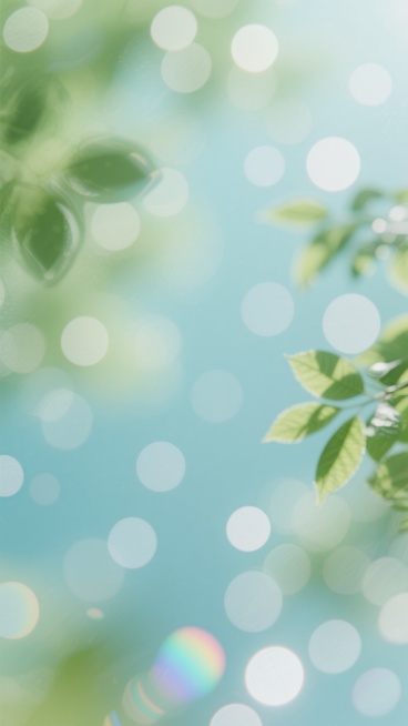 柔和梦幻的光斑背景，以浅绿色和淡蓝色为主色调，大量圆形光斑自然分布，光斑大小不一、虚实结合，边缘呈现柔和的模糊过渡效果，整体画面轻盈通透，充满春日般的清新氛围，光斑中隐约可见叶片的轮廓阴影，光影交错间营造出宁静而温暖的视觉感受，细节处光斑的层次感更加丰富，部分光斑带有细微的彩虹色边缘晕染。预览效果