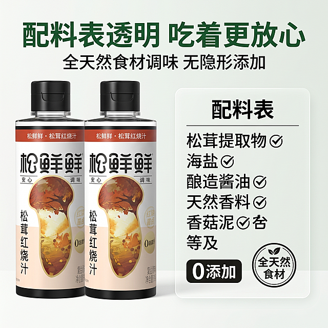 [主图-7] 配料表透明展示。
[氛围风格] 干净通透，突出健康安全；
[画质] 商业摄影质感、光线柔和通透、产品清晰真实、画面干净高级。
[元素] 松鲜鲜红烧汁产品放在画面左侧，右侧特写展示干净简洁的配料表区域，配料表放大突出可辨识的天然食材成分，没有多余添加剂。保持松鲜鲜红烧汁产品外观（物理结构、材质质感、颜色）与输入产品图绝对一致，杜绝任何变形和色差，精细化处理。商品主体占比约65%，画面满屏无边框。
[光影] 均匀柔和光线，配料表文字清晰可见，突出透明度。
[配色] 浅色白底背景，文字深色清晰对比，突出干净纯粹调性。
[视角构图] 左产品右配料表的左右分栏，平视对焦。
[文字版式] 顶部大字主文案 "配料表透明 吃着更放心"，深绿色粗体最大号；下方标注 "全天然食材调味 无隐形添加"，小号字体。文字排版干净，符合拼多多直白卖点呈现。
[比例分辨率] 1:1 比例，2k 分辨率；文字清晰锐利，画面超高清。
[负向提示词] 变形，水印，文字错乱，产品图模糊，背景杂乱。