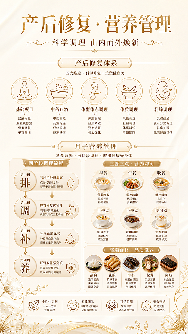 月子中心轻奢风格产后修复与营养管理体系介绍海报，竖版9:16，奶油米白色背景搭配香槟金色和浅奶茶色装饰，温柔高级有质感。顶部大标题"产后修复 · 营养管理"，金色细衬线字体，副标题"科学调理 由内而外焕新"。上半部分为产后修复体系，分为五个圆形图标模块横向排列：基础项目、中药疗浴、体型体态调理、体质调理、乳腺调理，每个模块配简约线条图标，下方小字标注核心项目关键词。下半部分为月子营养管理，左侧是四阶段调理时间轴：第一周"排"（利尿消肿排恶露）、第二周"调"（脾胃修复优乳汁）、第三周"补"（补气血增元气）、第四周"养"（肝肾双补强免疫），用箭头连接成流程。右侧是"三餐三点"和"高端食材"板块，配燕窝、花胶、海参、松茸等食材小图标。底部有金色花朵线条装饰。整体图文结合，图标化呈现，文字精简提炼关键信息，排版精美，轻奢月子中心风格，不加logo。画面中所有信息区域、模块卡片必须填充完整合理的内容，不得出现空白框或空列表项。