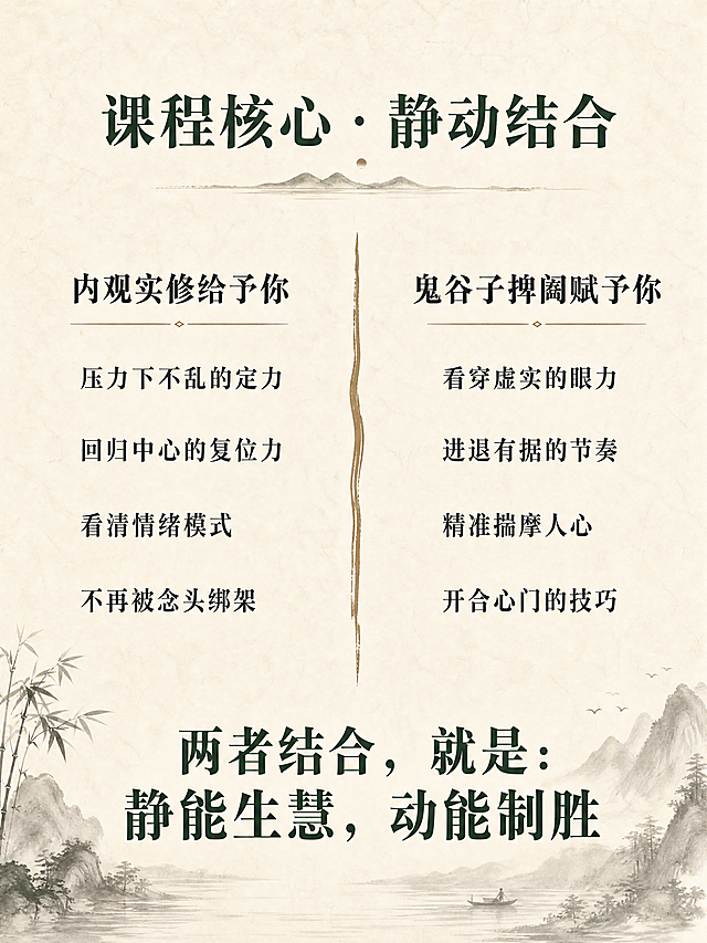 内观隐学  —— 在寂静中洞穿人心，在动作间掌控全局  你不是不会说话，你是在说话之前没有看清局势。 你不是不够聪明，你是聪明被情绪和惯性困住了。 这不是一堂口才课，也不是一堂权谋课。 这是一次以内观为底、以捭阖为用的深度实修。  三天两夜，金莹老师带你： 内观其心 → 外察其势 → 捭阖有度 → 言行合一  适合谁  • 经常在谈判、沟通、决策中感到被动的创业者与管理层 • 希望提升洞察力与影响力，又不愿失去内在宁静的修行者 • 想要在复杂关系（亲子、亲密、社会、财富、自我）中“进退有据、收放自如”的任何人 • 已经参加过内观课程，但不知如何将静定功夫用于现实博弈的老学员  三天两夜 • 实修作息  第一天 • 入静 • 观己  • 14:00-15:00  报到入住 | 放下手机，放下身份标签 • 15:00-15:30  开课仪式 | 课程约定与能量校准 • 15:30-17:30  内观筑基 | 安那般那呼吸法：从散乱到专注 • 17:30-19:00  晚餐 • 止语行走 | 每一步都是觉知 • 19:00-21:00  鬼谷子核心：捭阖第一义 | 何为“捭”？何为“阖”？在呼吸间体会开合之道 • 21:00-21:30  内观卧禅 | 带着觉知入睡  第二天 • 入观 • 察势  • 6:28-7:30  晨起 • 内观静坐 | 深度觉察身体与念头 • 内观动功 | 唤醒脊柱与丹田 • 7:30-8:30  正念早餐 | 饮食即禅 • 9:00-11:00  鬼谷子•反应术 | 如何从对方的语言与沉默中“钓”出真实意图？实景对练 • 11:00-12:00  内观与情绪标记 | 在对话中觉察自己的“被触发点” • 12:00-14:00  午餐 • 午休 | 禅睡导引 • 14:00-16:00  鬼谷子•揣篇与摩篇 | 揣测情势、摩透人心的实修训练（双人搭档） • 16:00-17:30  内观与能量复位 | 高强度训练后，快速回到中心 • 17:30-19:00  晚餐 • 自由书写 | 记录今天照见的模式 • 19:00-21:00  捭阖实战演练 | 给定冲突场景，现场运用“捭之开之，阖之闭之” • 21:00-21:30  内观慈心禅 | 回向给自己与对手  第三天 • 入世 • 合一  • 6:28-7:30  晨起 • 内观动功| 专注力与平等心的检验 • 7:30-8:30  正念早餐 • 9:00-11:00  鬼谷子•权篇与谋篇 | 如何在关键时刻“制人而不制于人”？从觉察到决策的一体训练 • 11:00-12:00  内观与直觉决策 | 分清“恐惧”与“直觉”，在静中听见答案 • 12:00-13:30  午餐 • 午休 • 13:30-15:00  终极实战：三人局博弈 | 运用全部所学，现场谈判一个真实案例（可自带议题） • 15:00-16:00  结营仪式 • 心法总结 | 把捭阖之术带回生活的一周练习计划 • 16:00  圆满返程  课程核心 • 为什么这套实修有效？  内观实修给予你的 鬼谷子捭阖赋予你的 在压力下心跳不乱的定力 看穿对方虚实漏洞的眼力 随时回到身体中心的复位能力 该进时进、该退时退的决策节奏 对自己情绪模式的彻底看见 对他人动机与恐惧的精准揣摩 不再被念头绑架的平等心 运用语言开闭对方心门的技巧  两者结合，就是：静能生慧，动能制胜。  三天两夜，你将带走  • ✅ 一套内观呼吸与觉知的每日基本功（10分钟即可做） • ✅ 鬼谷子捭阖、反应、揣摩、权谋的实修心法 • ✅ 在任何对话中快速回到中心的锚点动作 • ✅ 面对冲突时开口前先觉察、开口后有余地的沟通肌肉记忆 • ✅ 一个更清醒、更不内耗、更有威慑力的自己  课程主理  金莹 静修缘联合导师 / 内观实修带领者 / 鬼谷子应用心理学实践者 十年内观禅修经验，五年将东方谋略智慧融入现代身心训练。不说玄话，只练实招。  小班授课，仅限8人，确保每人获得一对一指导。 这三天，你会不舒服——因为你会看见自己过去的真相。 这三天，你会很值得——因为从此你不再是棋局里的棋子。 做个课程详情页，要禅意风格