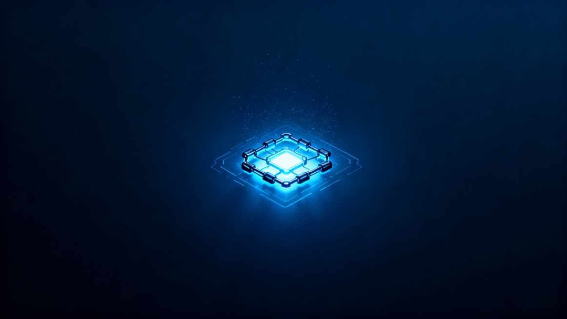 Dark blue cryptocurrency background, glowing blockchain core at center, subtle light particles, deep预览效果