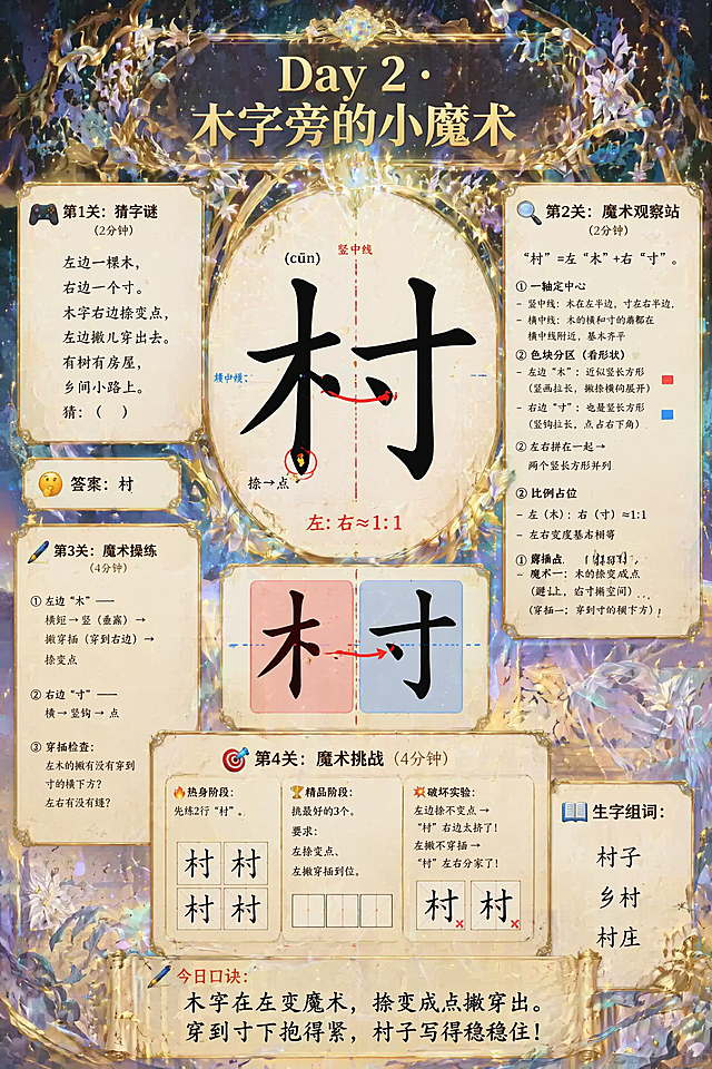 结合参考图片的精致华丽插画风格，生成汉字书法教学海报，标题"Day 2 · 木字旁的小魔术"，核心大字"村（cūn）"居中。包含文字内容：
🎮 第1关：猜字谜（2分钟）
"左边一棵木，右边一个寸。 木字右边捺变点，左边撇儿穿出去。 有树有房屋，乡间小路上。 猜：（ ）"
🤫 答案：村
🔍 第2关：魔术观察站（2分钟）
"村"=左"木"+右"寸"。
① 一轴定中心 - 竖中线：木在左半边，寸在右半边 - 横中线：木的横和寸的横都在横中线附近，基本齐平
② 色块分区（看形状） - 左边"木"：近似竖长方形（竖画拉长，撇捺横向展开）红色色块 - 右边"寸"：也是竖长方形（竖钩拉长，点占右下角）蓝色色块 - 左右拼在一起 → 两个竖长方形并列
③ 比例占位 - 左（木）: 右（寸） ≈ 1 : 1 - 左右宽度基本相等
④ 穿插点 - 魔术一：木的捺变成点（避让，给寸腾空间） - 魔术二：木的撇穿到右边（穿插，穿到寸的横下方）
✍️ 第3关：魔术操练（4分钟）
① 左边"木"——横短 → 竖（垂露） → 撇穿插（穿到右边） → 捺变点 ② 右边"寸"——横 → 竖钩 → 点 ③ 穿插检查：左木的撇有没有穿到寸的横下方？左右有没有缝？
🎯 第4关：魔术挑战（4分钟）
🔥 热身阶段： 先练2行"村"。
🏆 精品阶段： 挑最好的3个。要求：左捺变点、左撇穿插到位。
💥 破坏实验： 左边捺不变点 → "村"右边太挤了！左撇不穿插 → "村"左右分家了！
📖 生字组词： 村子、乡村、村庄
底部标注今日口诀：「木字在左变魔术，捺变成点撇穿出。穿到寸下抱得紧，村子写得稳稳住！」
画面标注：竖中线和横中线虚线，红色箭头从"木"的撇出发→穿过到"寸"的横下方；红色圆圈圈出"捺→点"的位置；比例标注："左:右≈1:1"。整体排版清晰，华丽精致插画风格。