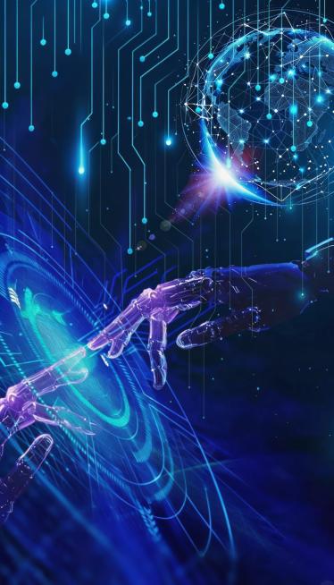 移除图片中所有的文字内容，保留蓝色科技风的机械手臂、数字地球、电路线条等背景元素，画面风格和整体布局保持不变预览效果