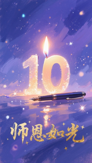 一支正在燃烧的蜡烛，烛火巧妙地变形为数字“10”，温暖的光芒照亮周围。烛身是一支精致的钢笔。背景是深邃而温柔的蓝紫色夜空，星光点点。烫金质感的艺术字体“师恩如光”在蜡烛下方展开，笔画中融入了微小的星辰预览效果