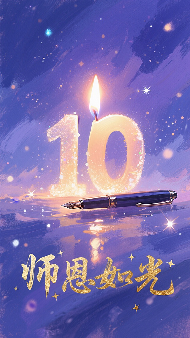 梦幻水彩风插画，大字“10”烛光闪耀，钢笔点缀，金色文字“师恩如光”辉映。