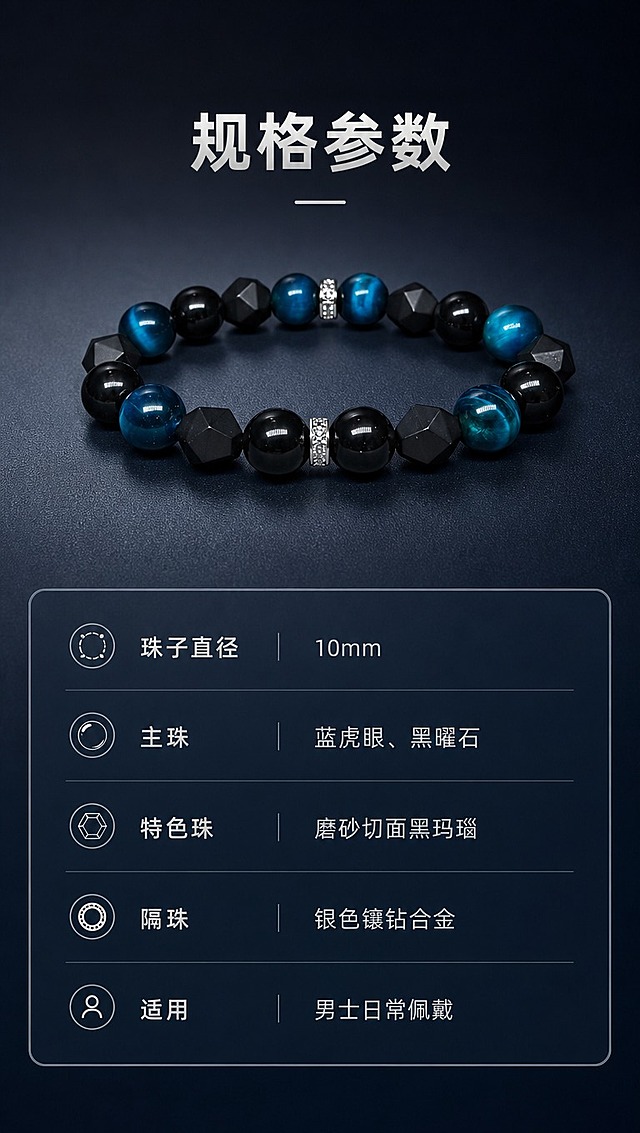 [商品] 使用【图1】男士手串，保留全部珠子结构、颜色和材质；手串以标准正面角度展示在参数卡旁，作为产品标准照，不改变原貌。
[画面] 产品信息·信息卡片型。上方展示手串标准照（占画面40%），下方为简约参数信息卡。背景为深色哑光渐变底，干净不杂乱。信息卡采用细线边框和冷调排版，清晰易读，文案精简不密集。前中后景：前景参数卡文字、中景手串+信息卡、后景深色渐变背景。
[视觉] 套系策略：风格=高级暗调冷色系商业珠宝摄影，真实相机拍摄质感；标题字=阿里巴巴普惠体 Bold；正文字=阿里巴巴普惠体 Regular；小标题=阿里巴巴普惠体 Medium；主色=深邃藏青蓝+炭黑；背景延展=基于藏青蓝与炭黑做深浅层级和细腻渐变质感，整体明亮度适中不过于黑暗；强调色=冷银白，仅用于小面积图标、引线、标签和金属高光；标题色=冷银白；正文色=浅灰蓝；组件=细线分隔、简约信息卡、冷调图标；光影=均匀冷光，保证文字和产品清晰可读。
[文字] 主标题「规格参数」。参数列表精简：珠子直径=10mm；主珠=蓝虎眼、黑曜石；特色珠=磨砂切面黑玛瑙；隔珠=银色镶钻合金；适用=男士日常佩戴。注意：蓝虎眼禁止标注"天然"。文字全部横向排版，字号适中，避免密集。
[规格] 图片比例9:16竖版，4K分辨率，淘宝/天猫详情页适配，中文文案。负向提示：避免变形、错字、文字过小过密、过于黑暗、出现"天然"字样、参数错误、卡通感、水印。
