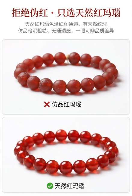 电商详情页天然红玛瑙vs仿品材质对比展示屏，严格还原上传的天然红玛瑙手链产品图所有细节，产品比例1:1视觉协调。上下分栏构图，上半部分为仿品红玛瑙（颜色暗沉、无通透质感、珠体粗糙有气泡，标注“仿品红玛预览效果
