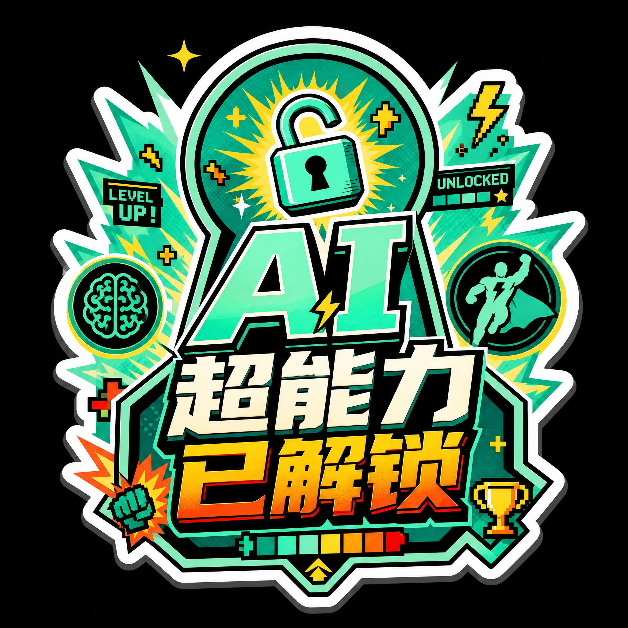 纯黑背景，一个独立的异形手举牌贴纸，主题为「AI 超能力已解锁… - 图片创意预览