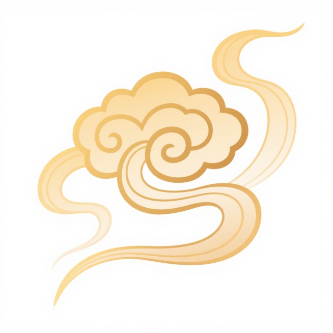 中国传统祥云纹样，金色渐变线条勾勒，流畅飘逸的曲线形态，中心旋涡状云纹，周围环绕灵动的飘带式云尾，线条边缘柔和虚化，整体呈现轻盈雅致的古典装饰风格，无背景纯白底，矢量插画质感，线条粗细均匀，色彩从浅金到暖金自然过渡，具有祥瑞、典雅的视觉氛围。预览效果