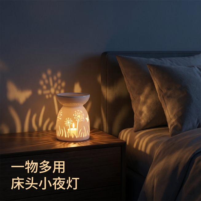 [主图 7] 夜间小夜灯场景展示，氛围暖光效果展示。
[氛围风格] 温馨治愈睡前氛围感；
[画质] 商业摄影质感、光线柔和通透、产品清晰真实、画面干净高级。
[元素] 夜晚卧室场景，小巧熏香炉放置在黑预览效果