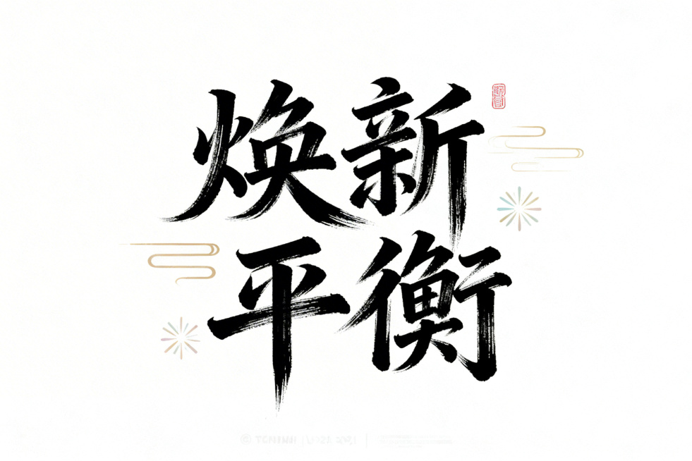 手绘风格设计，艺术字“焕新”“平衡”为视觉焦点，笔触灵动，搭配简约装饰元素，强化仪式感预览效果