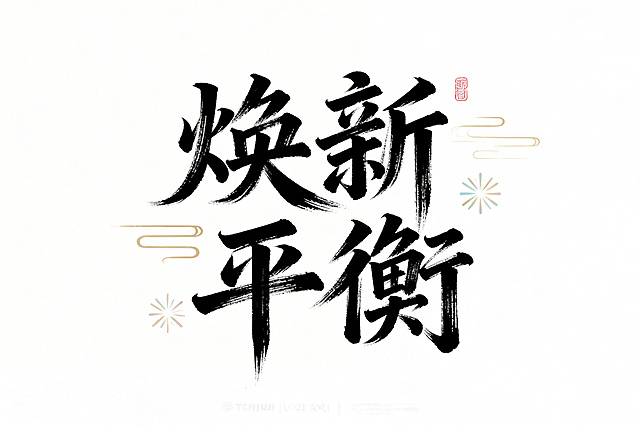 手绘风格设计，艺术字“焕新”“平衡”为视觉焦点，笔触灵动，搭配简约装饰元素，强化仪式感