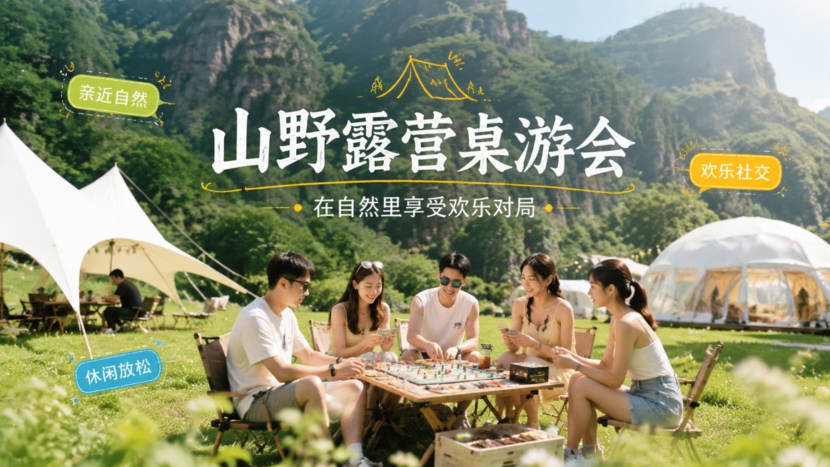 风格：写实商业摄影，自然露营风，真实户外青山草地场景，整体清新自然。
主标题："山野露营桌游会"
副标题："在自然里享受欢乐对局"
装饰卖点标签：亲近自然 欢乐社交 休闲放松
主体：画面展示开阔的青山预览效果