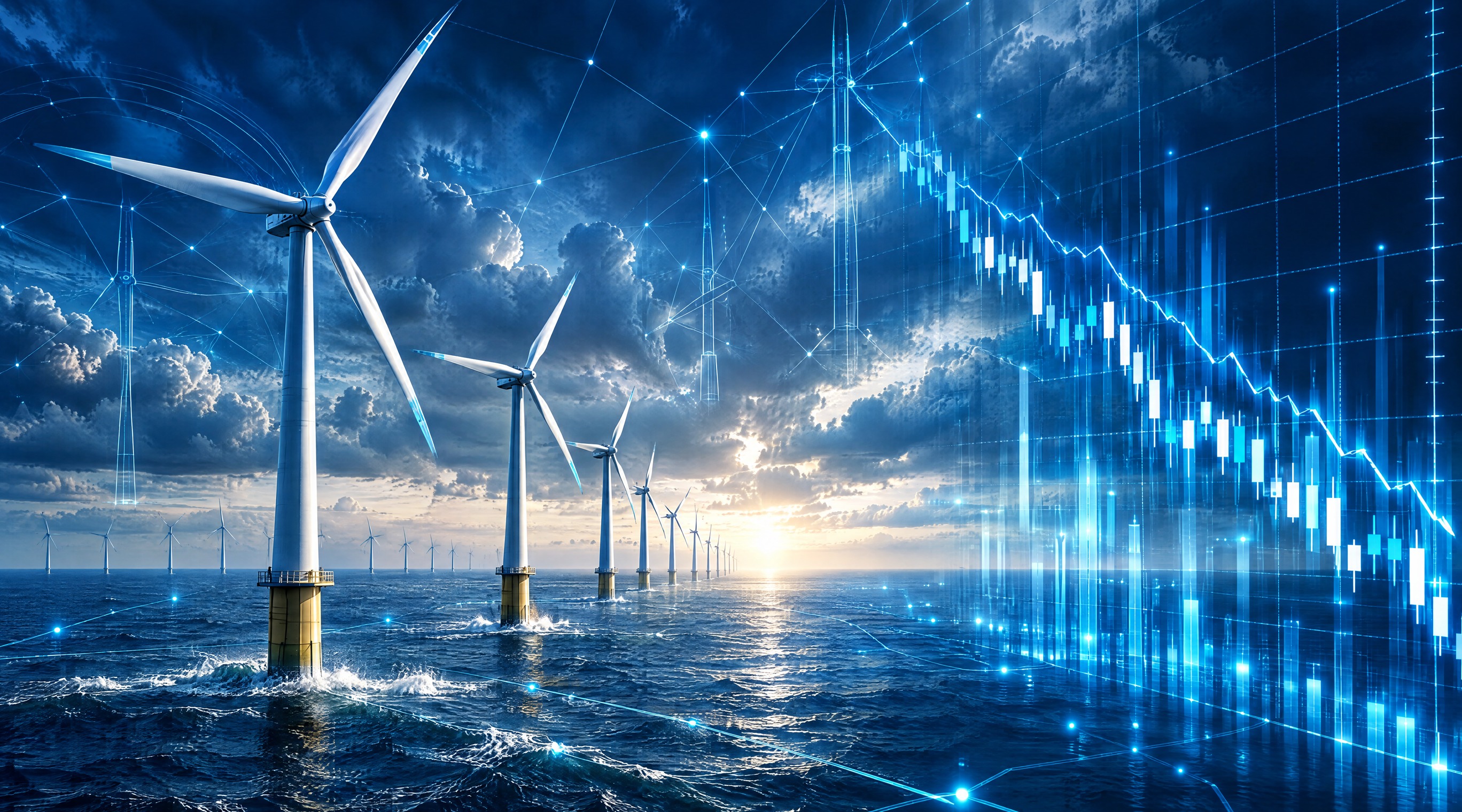 风电产业财经感封面图，主题为风电设备与市场波动。画面中心是一组… - 图片创意预览
