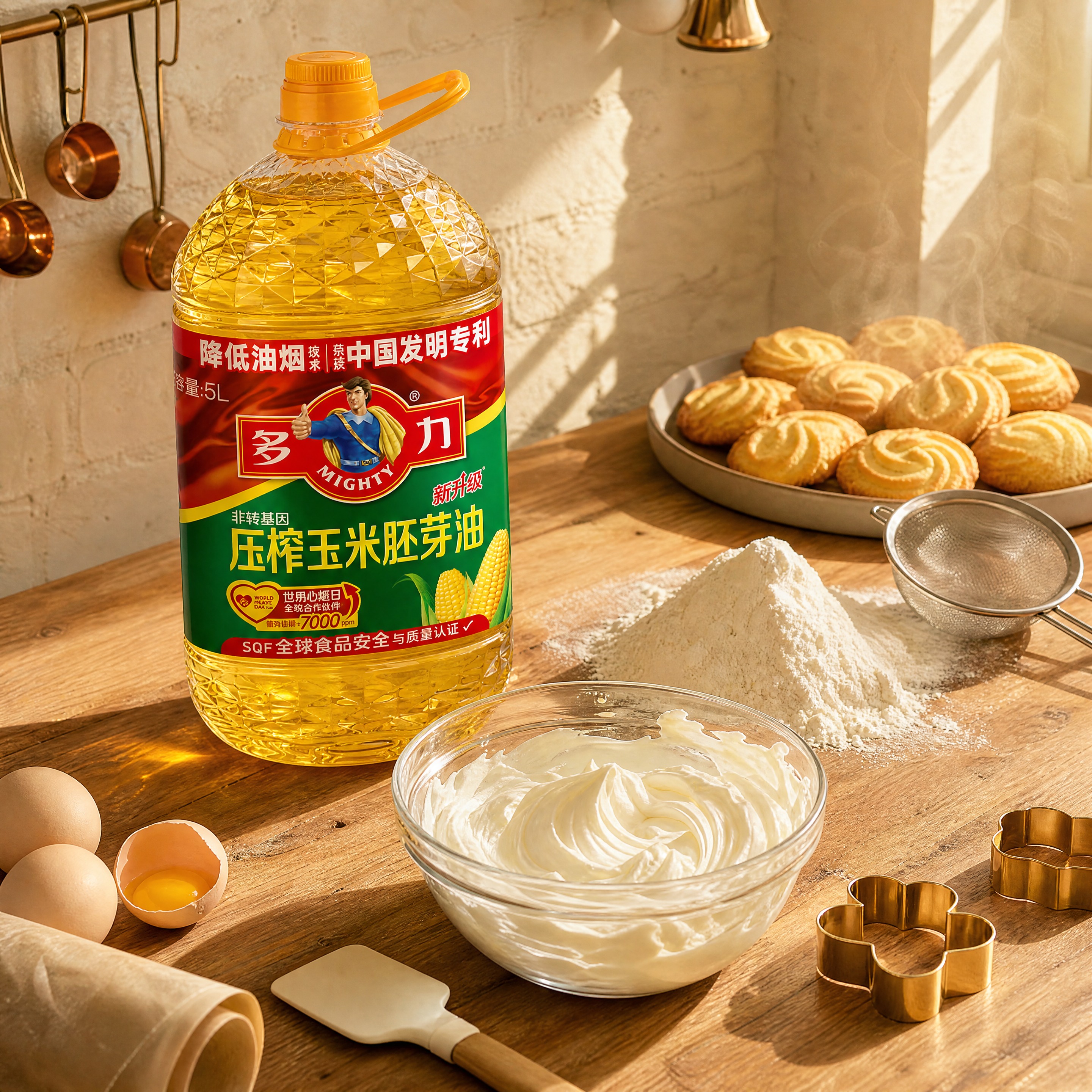 超写实食品商业摄影。 主体：5L装玉米油桶严格参照上传产品图，… - 图片创意预览