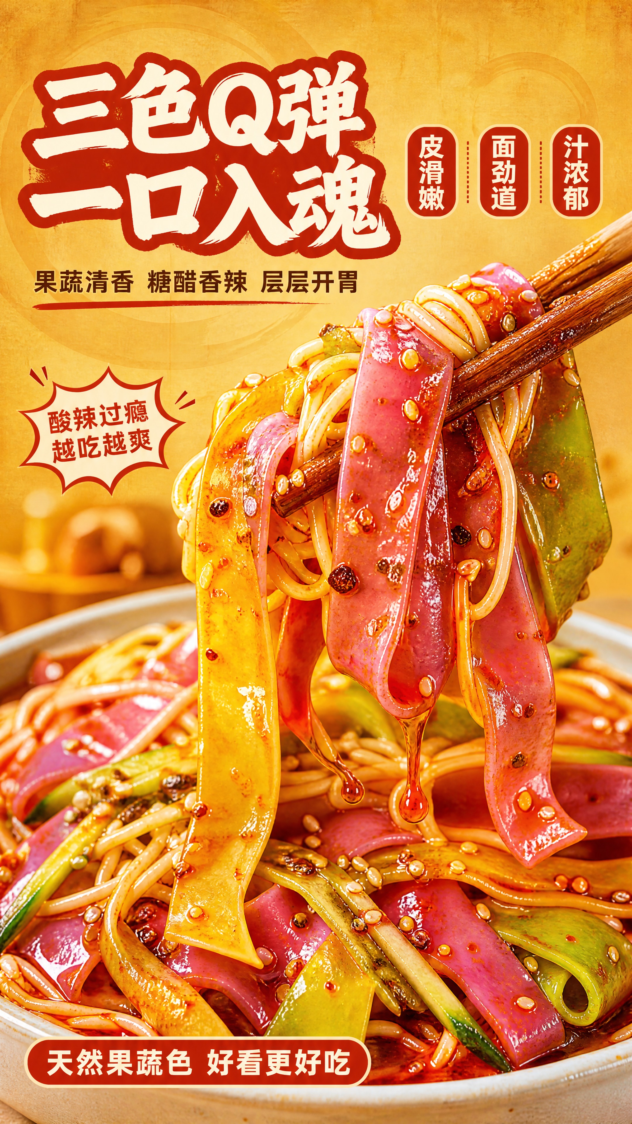 [商品] 使用【图1】三色果蔬凉皮凉面作为口感特写主体；保留火… - 图片创意预览