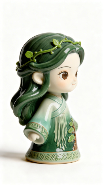 基于参考图，生成这款陶瓷盲盒娃娃的侧面视角图，保留原设计风格：绿釉陶瓷质感，绿色长卷发，侧面保留整体造型和渐变绿色汉服的设计，保持陶瓷光泽和细节质感，纯白背景，风格与原参考图一致预览效果