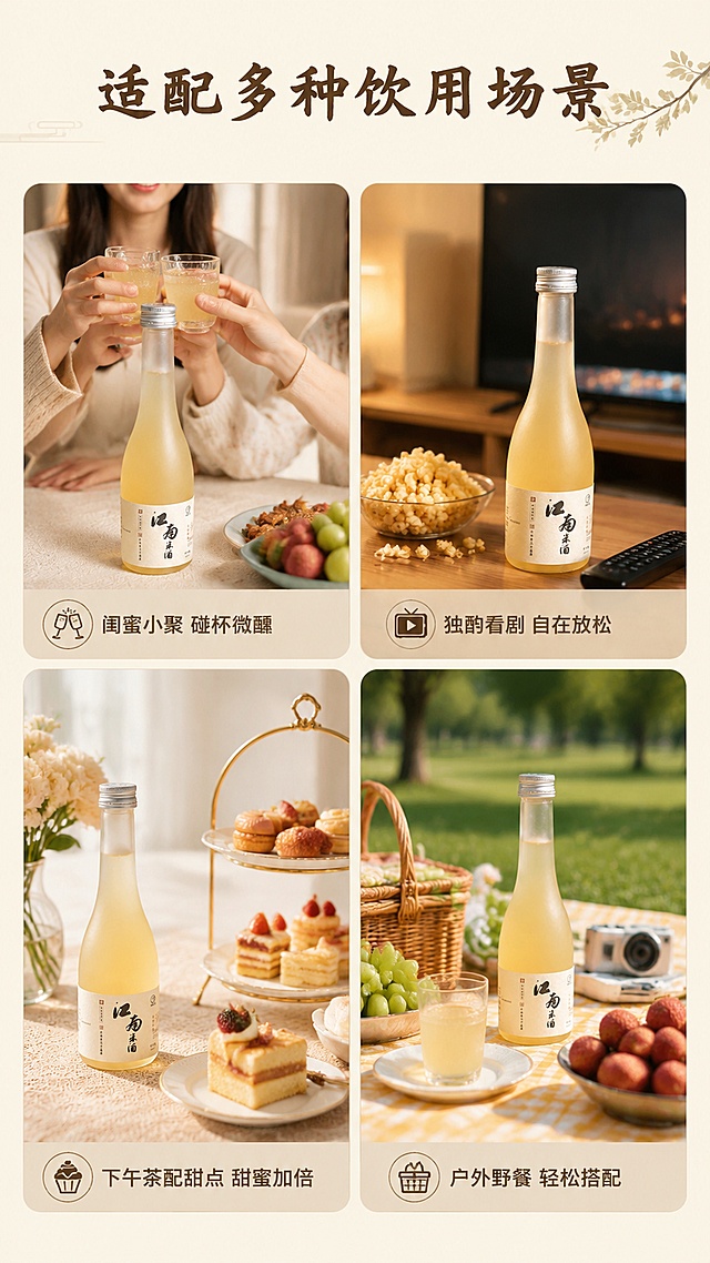 使用商品详情页技能根据商品图「图片1」生成详情页，参考图为，商品名称为荔枝米酒，卖点为荔枝口味，，适配平台为抖音/快手，图片比例为9:16，需求屏数为8张，