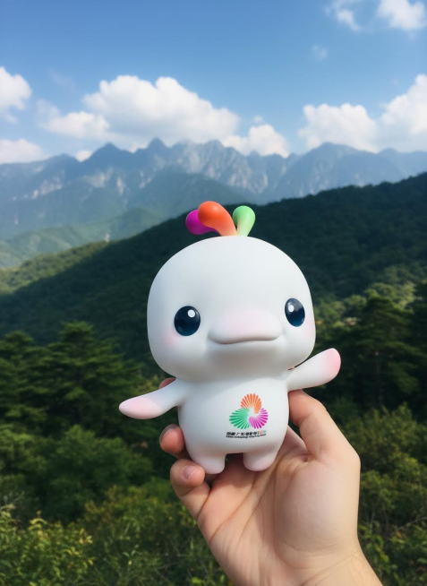 不经意间拍摄的照片，用手拿着这只玩偶，在户外旅游的山上放着预览效果