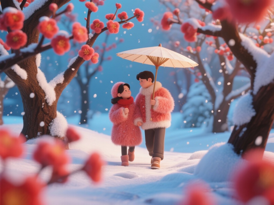 冬日雪景中的梅花林，红梅绽放枝头，一对情侣撑着油纸伞漫步其中，雪花轻轻飘落，整体画面呈现出柔软的毛绒质感，温暖而浪漫预览效果