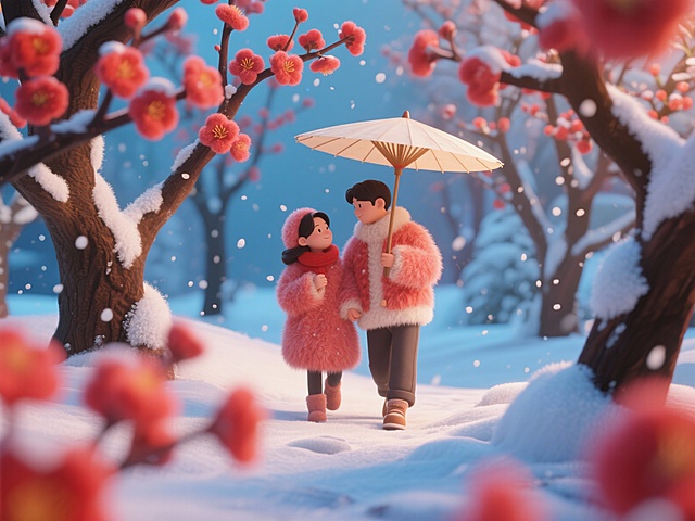 冬日雪景中的梅花林，红梅绽放枝头，一对情侣撑着油纸伞漫步其中，雪花轻轻飘落，整体画面呈现出柔软的毛绒质感，温暖而浪漫